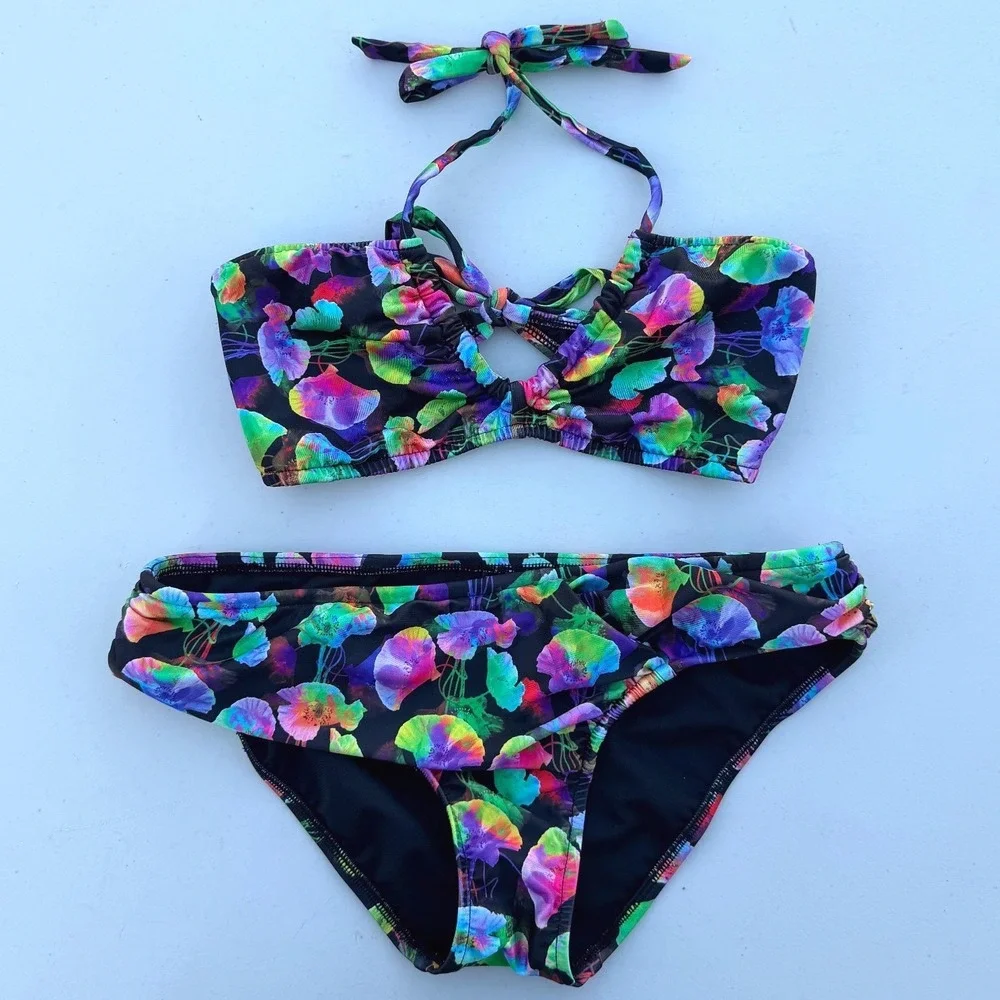 Allen B Neon Floral Bikini Set‎ Halter Top Bottoms Festival Black Multi 10 12